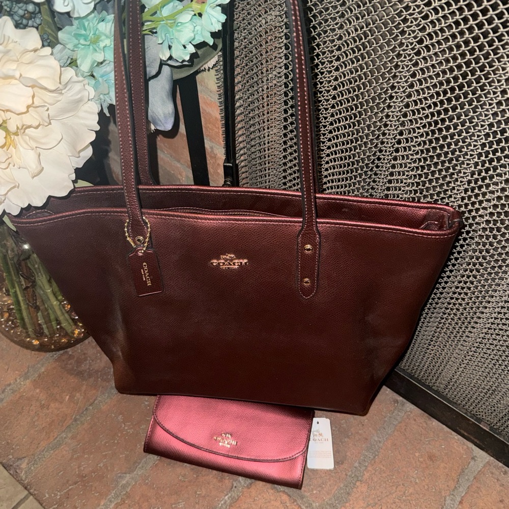 Coach Burgundy Leather Tote with Matching Wallet Set